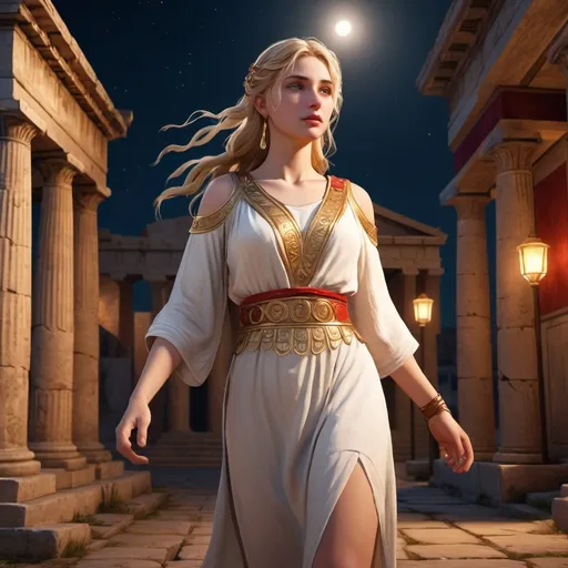 Prompt: (cartoon third-person gameplay), scene during antiquity, a young woman, long blond hair, 20 years old (detailed ancient Greek white and gold tunic), is waliking in the streets of an ancient greek city, (richly adorned) attire,  under a red moon, captivating night scene, ultra-detailed, (immersive background), rich color contrasts

