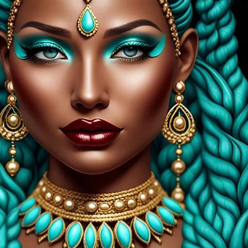 Prompt: An extremely gorgeous woman,  with top knots full of turquoise jewels, in color scheme of turquoise and gold,facial closeup