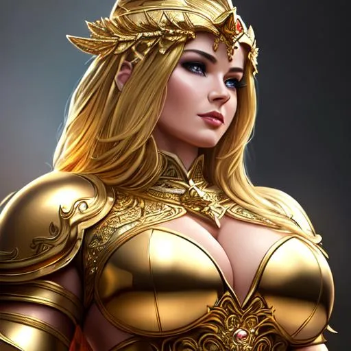 Prompt: Woman, stunning, gorgeous, thick, muscular, strong, fit, queen, paladin, wearing a golden armor, fantasy, UHD, 8k, high quality, ultra quality, perfect composition, trending art, trending on artstation, sharp focus, studio photo, intricate details, cinematic lighting, special effects, hyper realism, hyper realistic, Very detailed, oil painting, full body