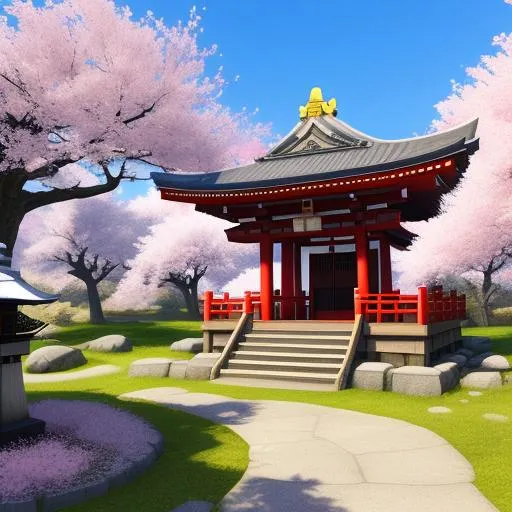 Prompt: Create a design of a world for both Meta Quest Pro and Meta Quest 2 on VRChat. The world should feature a beautiful Japanese Shinto shrine with cherry blossom trees in full bloom. It must be optimized to run smoothly on both Quest 2 and Quest Pro VR headsets. The world will be edited in Blender and uploaded with Unity 5 for maximum performance and visual quality.