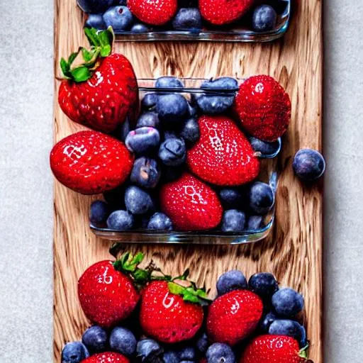 Prompt: Strawberry and blueberry parfait in glass on a wood serving board against a white wood background, Intricate, Symmetrical, highfantasy, Insanely detailed, cinematic