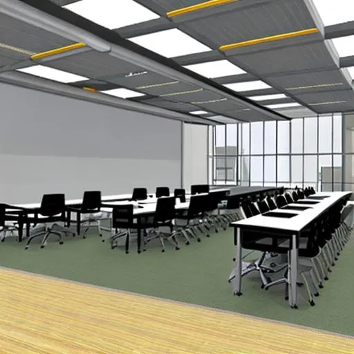 Prompt: Computer classroom, that need wind, natural lighting, smart and clean, open, 3d design, hyper smooth