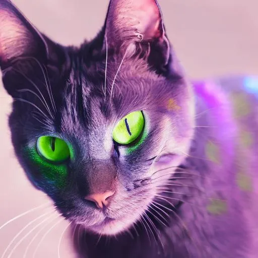 Prompt: Beautiful  detailed photograph of a purple cat with green eyes , full body running towards camera
