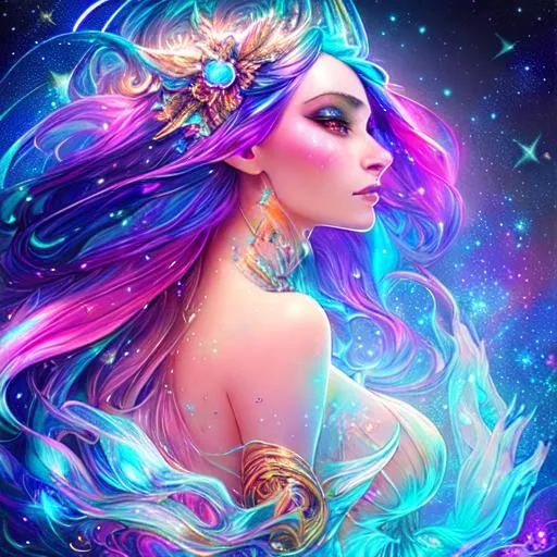 Prompt: Beautiful cosmic goddess covered in nightly glow with detailed sparkling features in the sky with illuminating moonshine, stars; colorful, gradient vibrant colors, by anna dittmann, floradriel, digital painting, extreme detail, 120k, ultra hd, hyper detailed, white, wlop, digital painting; crystal body, sensual alluring elegant sleek editorial sofisticated galactic exotic facial features, anime character, background digital painting, digital illustration, extreme detail, digital art, ultra hd, vintage photography, beautiful, tumblr aesthetic, retro vintage style, hd photography, hyperrealism, extreme long shot, telephoto lens, motion blur, wide angle lens, deep depth of field, warm, anime Character Portrait, Symmetrical, Soft Lighting, Reflective Eyes, Pixar Render, Unreal Engine Cinematic Smooth, Intricate Detail, anime Character Design, Unreal Engine, Beautiful, Tumblr Aesthetic,  Hd Photography, Hyperrealism, Beautiful Watercolor Painting, Realistic, Detailed, Painting By Olga Shvartsur, Svetlana Novikova, Fine Art