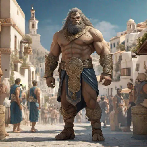 Prompt: Portrait of a half-ogre in a Greek-inspired fantasy city.  Full-body shot, highly detailed, character illustration, 8K.