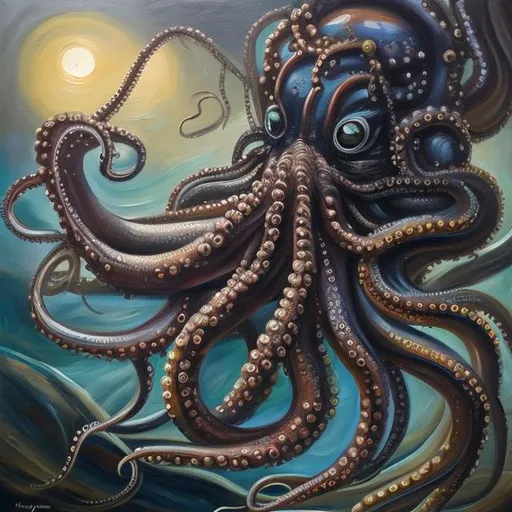 Prompt: oil painting in the style of H.R. Giger, octopus, fighting in the Nostromo space ship