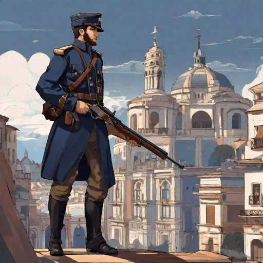 Prompt: Whole body. Full figure. A argentine soldier in scifi 20th century high uniform. Dark blue uniform with dark brown details. {A civil war confederate floppy kepi}. He wields a rifle. In background a Spanish city. Rpg art. Rpg. 2d art 2d. Well draw face. Detailed. 