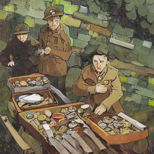 Prompt: a world war one trench, four men eating canned food, canvas, studio ghibli style
