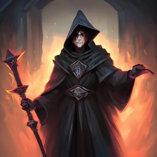 Prompt: trending on artstation, headshot of male Mage dressed in black robes with hood holding a single staff. Vibrant Colors