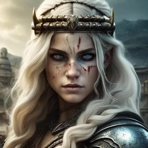Prompt: Portrait of {beautiful barbarian woman} with {white } hair and with victorious face, big eyes, blood on her face, {war}, perfect composition, hyperrealistic, super detailed, 8k, high quality, trending art, trending on artstation, sharp focus, studio photo, intricate details, highly detailed