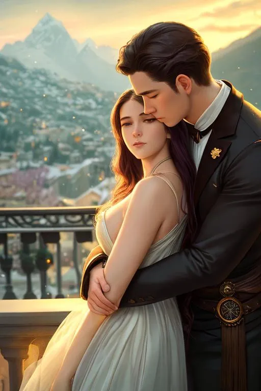 Prompt: Analog style portrait+ style; artistic pose in motion, woman and man couple on balcony with wisteria flowers, hugging, kissing. Rhysand and Feyre. ACOTAR. Up-close focus, Highly detailed face, hyperrealistic, UHD, HD, 8k. Dark ambient, moonlight, night sky, cosmos, dark snowy mountains, dim lighting. Adult woman has straight nose, bushy eyebrows, long brown hair with a fringe. Adult man has dark skin, facial hair, beard, short black hair with fringe, and masculine facial features. Eyeliner. Soft fabrics. Wisteria Flowers. bat wings.