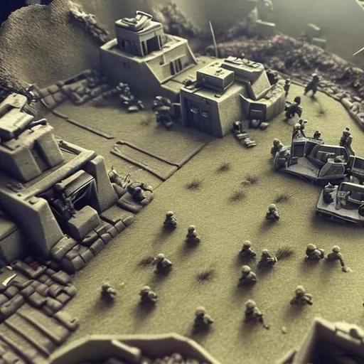 Prompt: create battlefield scene

there are two bunkers in the background. one soldier is firing a machine gun from within the bunker. two other soldiers guard the bunker. an enemy is running towards the bunker with a weapon in his hand.

the other bunker is also surrounded by a few soldiers
