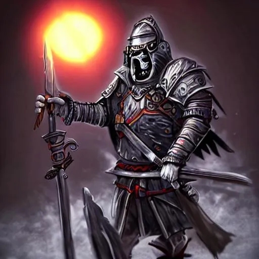 Prompt: Create a retro undead warrior who has glowing eyes, and is also wearing medieval armor, and holding a large weapon