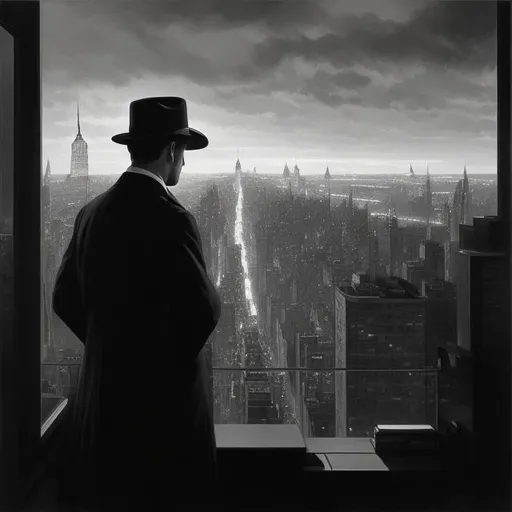 Prompt: A  1940's black and white noir picture of a detective looking out of his office window high over the New York Skyline on a dark rainy night, drinking coffee, highly detailed, digital painting, artstation, concept art, smooth, sharp focus, illustration, art by gaston bussiere and alphonse mucha  
