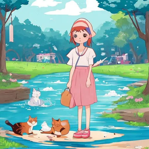 Prompt: A girl with a boy and with a cat beside a river catches 