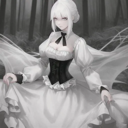 Prompt: white haired girl with beautiful eyes
white dress with black corset 
in a misty forest