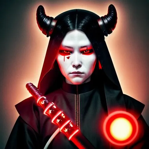 Prompt: Ultra detailed portrait of cyberpunk female samurai with demon horn and glowing red eyes
twin star exorcist nun clothes

