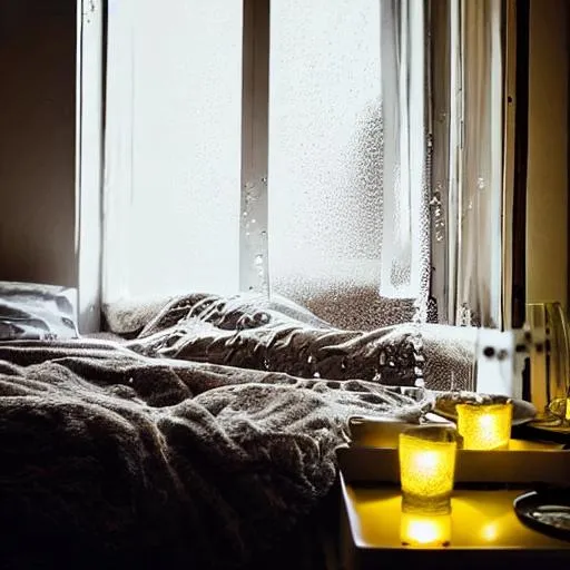 Prompt: cozy bedroom, raining outside, waterdrops on window, tea on table, yellow lamp