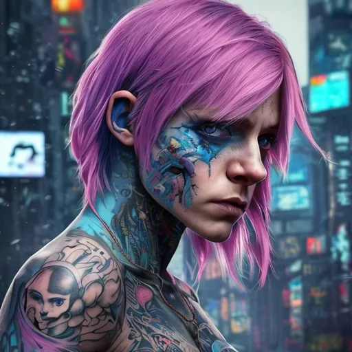 Prompt: raw photography, best quality, masterpiece, realistic, detailed, woman, sfw, arm tattoo, cyberpunk fashion, Short pixie with long straight hair and undercut, big blue eyes, (looking at viewer:1. 2), (high angle shot:1. 3), colorful tattoos, blue and pink hair, detailed background, Sabine Wren, in the night city, portrait, smiling, seductive look, night, close up face shot, soft lights, 8k, realistic, Nikon z9, raytracing, focus face