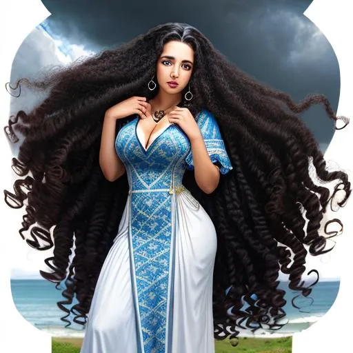 Prompt: a woman with long curly hair by Mark Summers.  +symmetrical eyes, +fine lines, +eyes, +mouth, +hands, +feet,
+long modest dress, 
+weather and clouds,
+HDR, +8k, +UHD, 
+Ensure good overall design,
+Ensure good overall composition,
+Ensure good proportions,