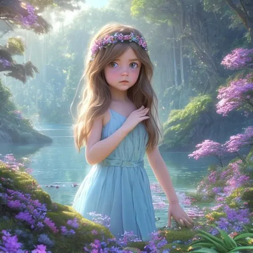 Prompt: Female princess, brown hair, blue eyes, princess in a light blue dress, shimmering blue dress, white skined female princess, standing in the forest, castle visible in the distance, below the forest a blue lake , blue lake, lush green forest, castle in the distance, realistic art, realistic nature, nature photography, flowers and grass on the ground, young girl in a blue dress, white skin girl with brown hair, princess, realistic art, simetrical face