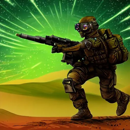 Prompt: 
concept art style, futuristic special ops soldier firing an energy weapon at a second green figure, desert, night with full stars