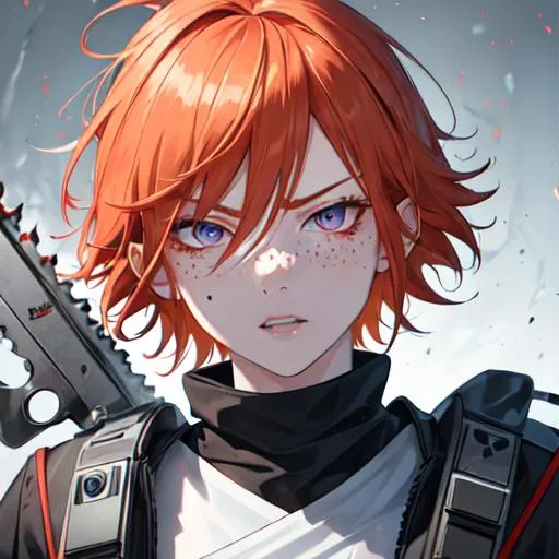 Prompt: Erikku male adult (short ginger hair, freckles, right eye blue left eye purple) UHD, 8K, Highly detailed, insane detail, best quality, high quality, using a chainsaw, angry