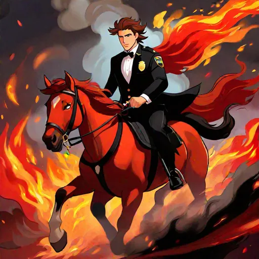 Prompt: Caleb  as a police officer (brown hair) (brown eyes) wearing a tuxedo, full body, riding a (demon horse, glowing red eyes, black coat, firey mane, and tail) running through hell