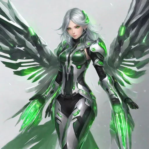 Prompt: female, long silver and green glowing hair, wearing black gloves, green and silver scifi armor, V1 pneuma wings, Xenoblade 2 , conceptart , scifi sword