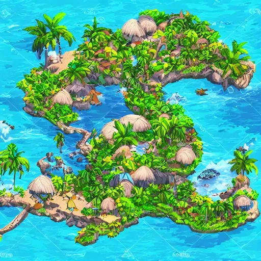 In a bird's eye view of a tropical island in a 2d ar... | OpenArt