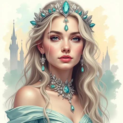 Prompt: This is a highly detailed, digital fantasy portrait of a young woman with ethereal beauty, created in a realistic, semi-realistic art style. The subject has long, wavy, platinum-blonde hair that cascades over her shoulders. Her skin is fair and flawless, with a subtle blush on her cheeks. She has large, expressive blue eyes, full pink lips, and finely arched eyebrows. She is adorned with a silver tiara that features a large, central turquoise gemstone, and matching turquoise gemstone earrings that dangle elegantly. A similar turquoise gemstone is set in the center of her forehead and at the base of her neck, which is encircled by an intricate silver choker with additional turquoise gemstones. She is wearing a light teal, off-the-shoulder garment that drapes softly over her upper chest. The background is a soft, misty, pastel-colored sky with faint silhouettes of castle towers, adding a mystical and regal atmosphere to the image. The overall composition emphasizes her otherworldly elegance and royal status, with a focus on the contrast between her pale skin and the bright turquoise gemstones. The textures of her hair, skin, and the metallic elements of her jewelry are rendered with remarkable realism.