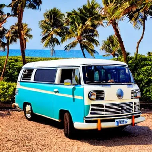 Prompt: A retro Van on the Beach With plam trees
