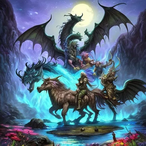 Prompt: Epic beautiful mythical animals near a waterfall next to a pond surrounded by bright colorful flowers at night under a full moon at night dungeons and dragons style 