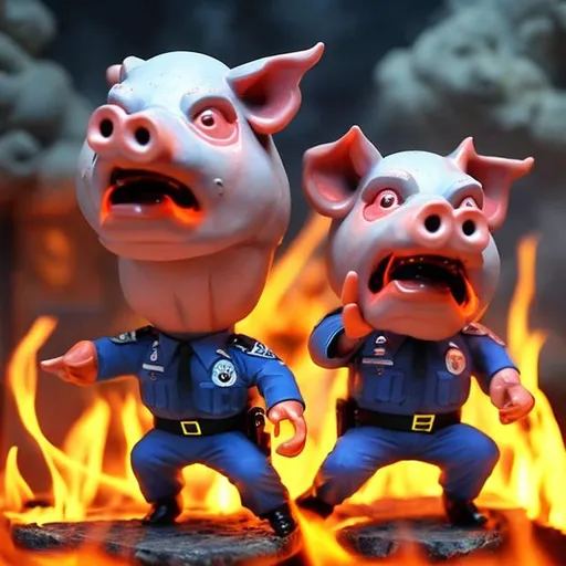 Prompt: Two bipedal pig-cops in their police uniforms  are screaming, & burning in hell,  while being whipped by a demon.