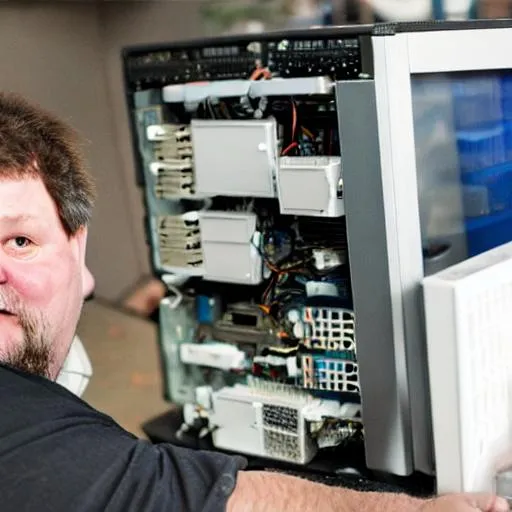 Prompt: old fat computer technician with Gavin on a label