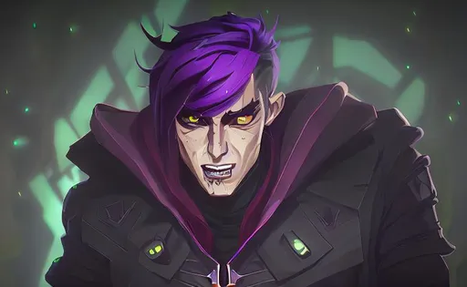 Prompt: handsome man, monster, demon, fire, purple, neon green, black, vampire teeth, vampire, elf, magic, green eyes, strong and body, neon green and purple hair, hood, monster wings, king, qui, aura, powerful, cape, scythe, sword, goat, vampire teeth, red eyes