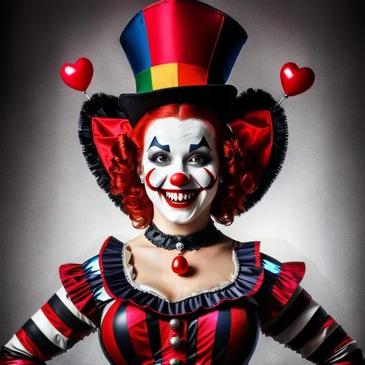 Prompt: create a hi res, 8k, photo realistic image of a full body, demonic smiling female clown with razor sharp teeth, dressed as a medieval harlequin