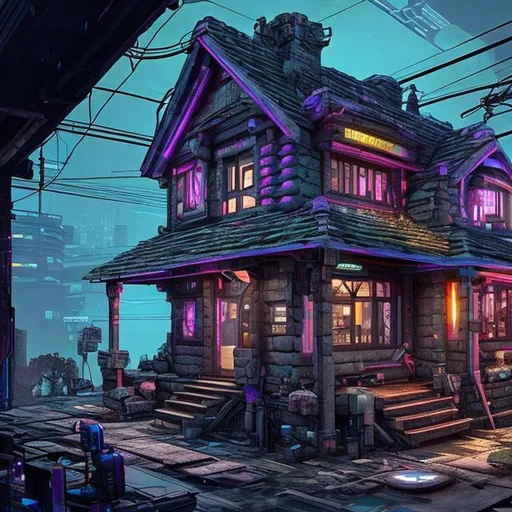 Prompt: The cottage house, cyberpunk style