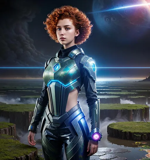 Prompt: splash art, hyper detailed, hyper realistic, highly detailed, dark, surreal heavy mist, floating at the edge of the Universe, on a dystopian alien planet, professional-quality photography, natural lighting,

create a computer generated exquisite, red curly hair, beautiful, slender, ultra realistic young adult Caucasian hologram of a female Time Lord. Wearing highly detailed obsidian and gold armor, and a heavy iron collar, 

Gorgeous detailed facial features, long legs, vibrant sumptuous, perfect body, ultra pale, visible midriff, 

Perfect studio lighting, perfect shading. HDR, UHD, high res, 64k, cinematic lighting, special effects, hd octane render, professional photograph, trending on artstation.