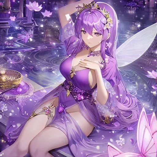 Prompt: beautiful purple princess fairy sitting on a lotus leaf, glowing wings, digital art scenery painting, high detail, powerful