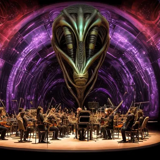 Prompt: A grand orchestra of alien musicians playing extraordinary instruments from distant galaxies