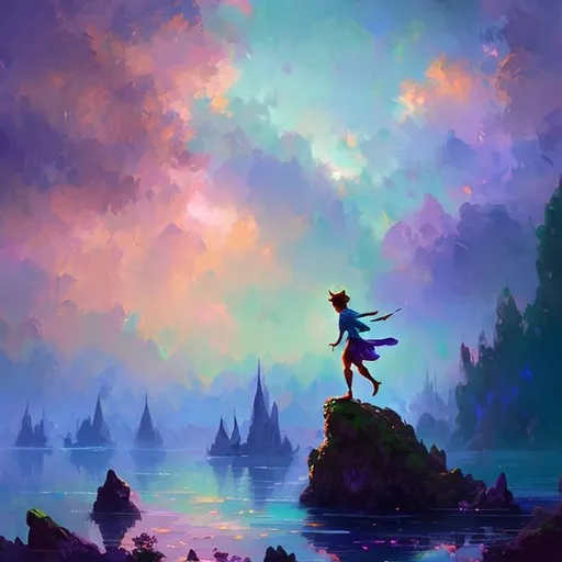Prompt: peter pan inspired impressionist painting  with blue, purple, pink, green, orange color palate in ambient light. Environment is outside in nature. Artist is Alejandro Burisdo