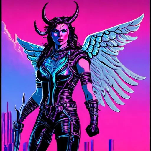 Prompt: Synthwave Valkyrie. Flying norse warrior woman.  