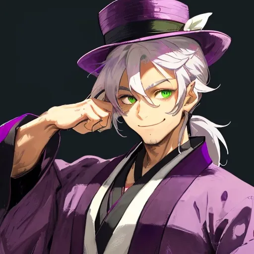 Prompt: Sly and smiling man with messy white hair tied into a low ponytail with green eyes wearing a dark magenta fedora and dark magenta kimono. 