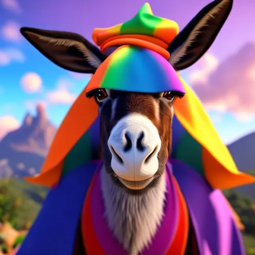 Prompt: Third-person, An anthropomorphic donkey dressed in brightly colored wizard robes, mountain in the background, 
