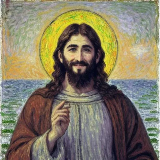 Prompt: Jesus Christ smiling in the style of Claude Monet.