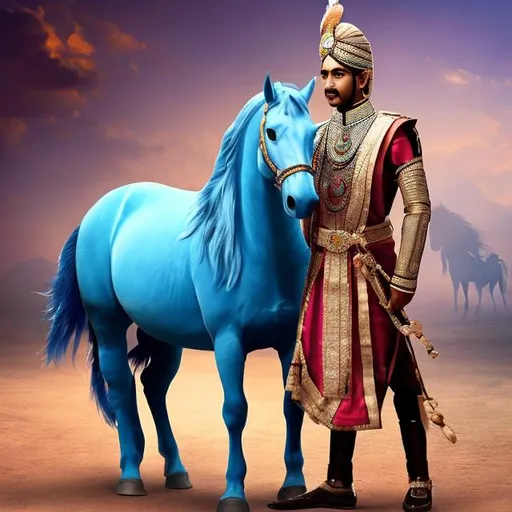 Prompt: A indian prince with blue horse