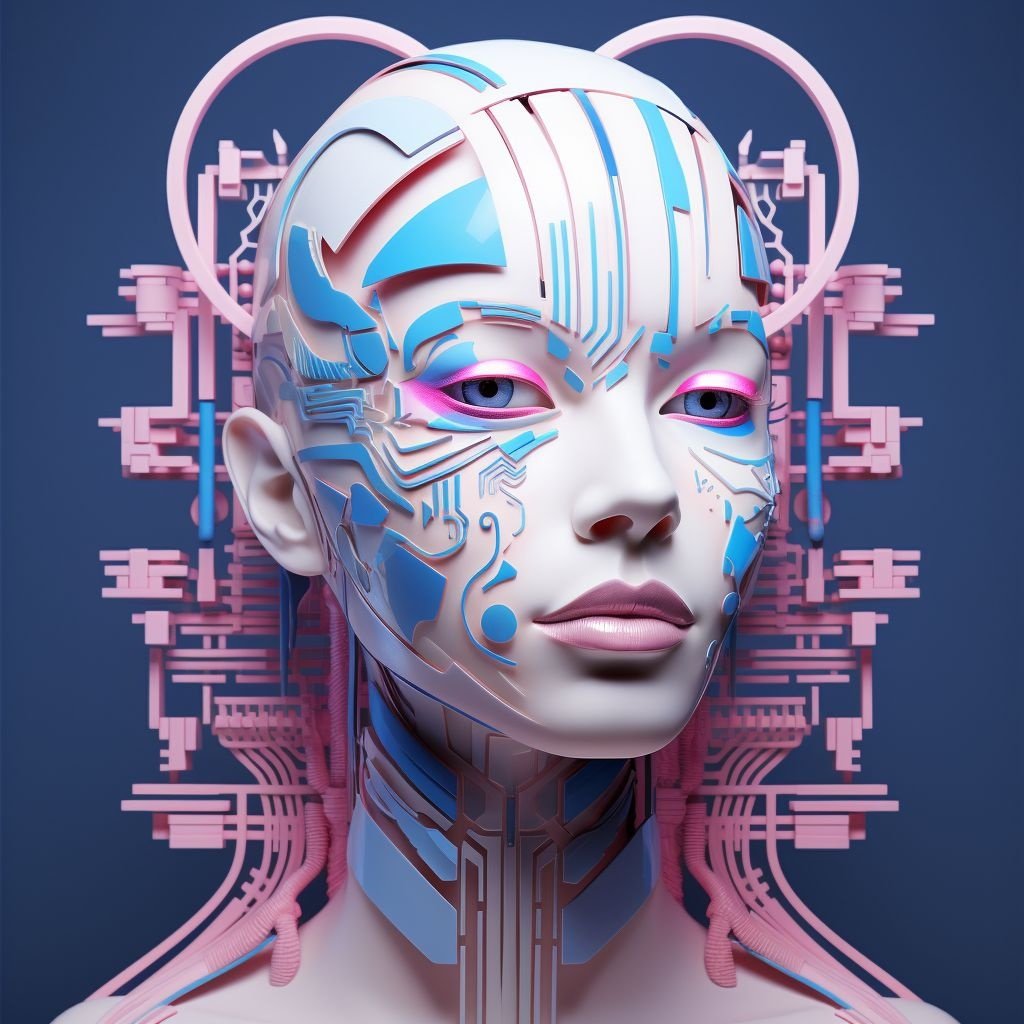 Prompt: a blue 3d render of an artificial human being, in the style of futurist influences, emphasizes emotion over realism, light silver and pink, fragmented icons, distinct facial features, neurocore, precisionist lines