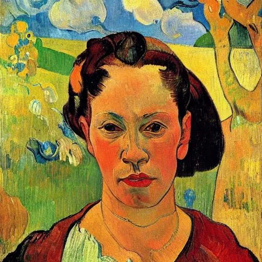 Prompt: A portrait of a woman based on the work of several artists Gauguin, Van Gogh, Joaquin sorolla, Lucien freud, Alice Neel 
