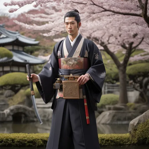 Prompt: "Photorealistic Japanese nobleman in Meiji-era formal wear with traditional elements, ceremonial katana with occult engravings, poetry scroll case doubling as supernatural detection device, tea ceremony set with mystical properties, standing in imperial garden with cherry blossoms and steampunk architecture --ar 3:4 --s 1000"
